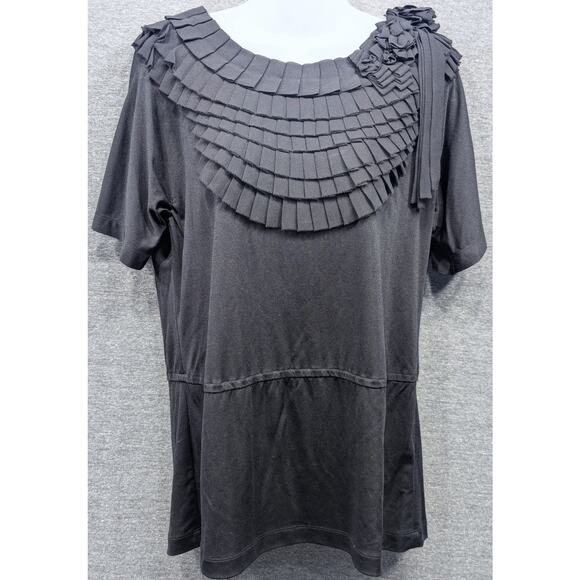ST. JOHN Blouse - Black, Ruffled Bib, Floral Shoulder, Pullover, 100% Silk, S - Picture 1 of 6